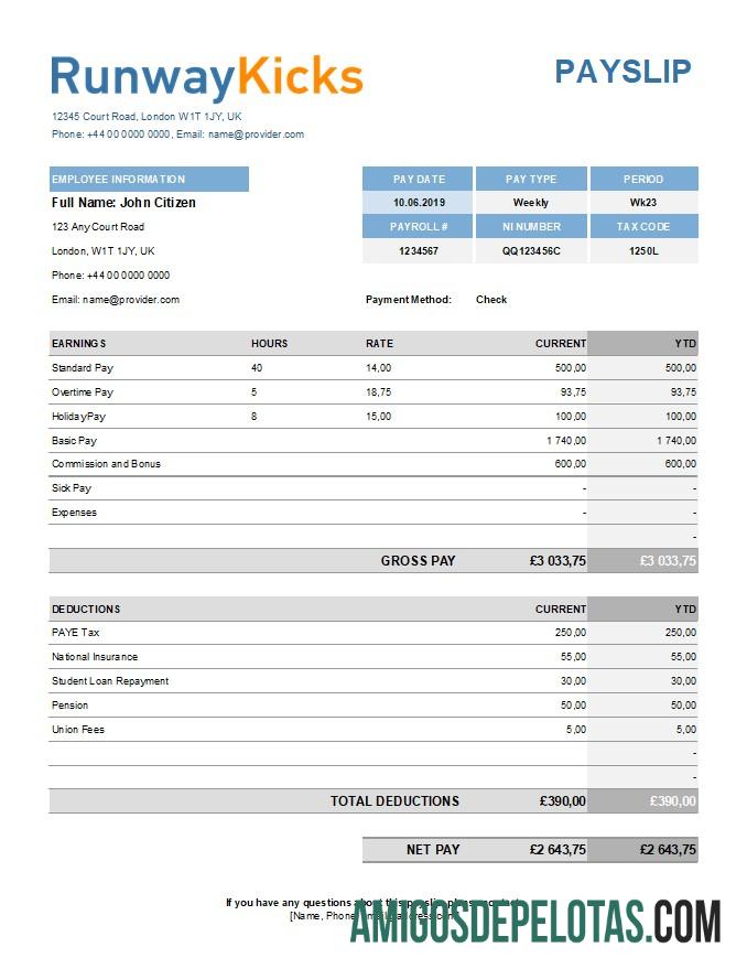 Realista Modelo de recibo de pagamento da Runway Kicks Company em formatos Excel e PDF